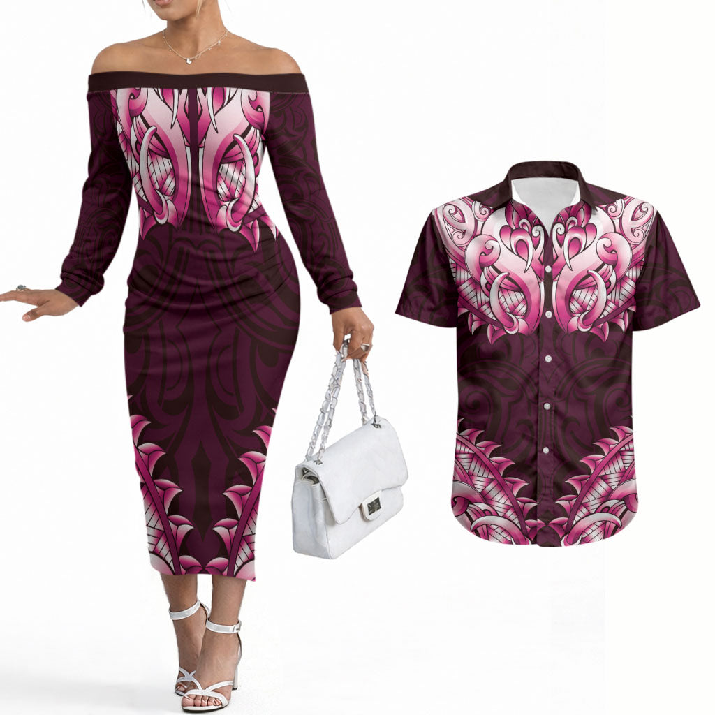 New Zealand Ta Moko Couples Matching Off The Shoulder Long Sleeve Dress and Hawaiian Shirt Aotearoa Maori Chest Tattoo Pink LT14 Pink - Polynesian Pride