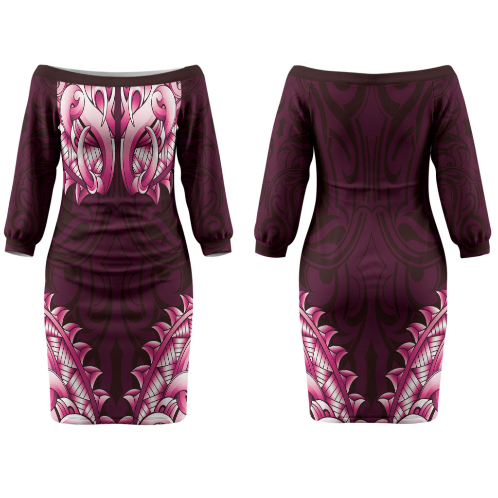 New Zealand Ta Moko Couples Matching Off The Shoulder Long Sleeve Dress and Hawaiian Shirt Aotearoa Maori Chest Tattoo Pink