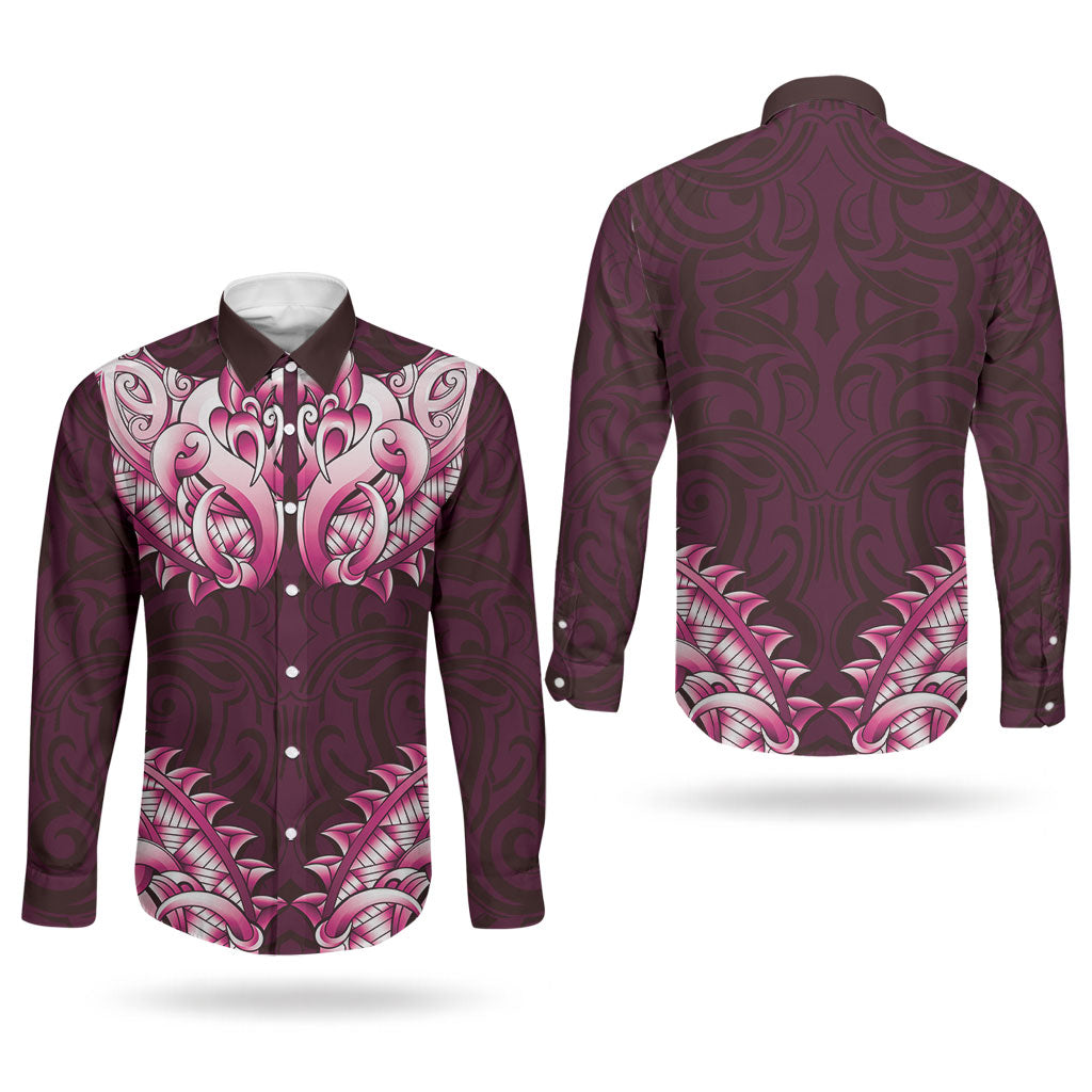 New Zealand Ta Moko Couples Matching Off The Shoulder Long Sleeve Dress and Long Sleeve Button Shirt Aotearoa Maori Chest Tattoo Pink