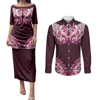 New Zealand Ta Moko Couples Matching Puletasi and Long Sleeve Button Shirt Aotearoa Maori Chest Tattoo Pink
