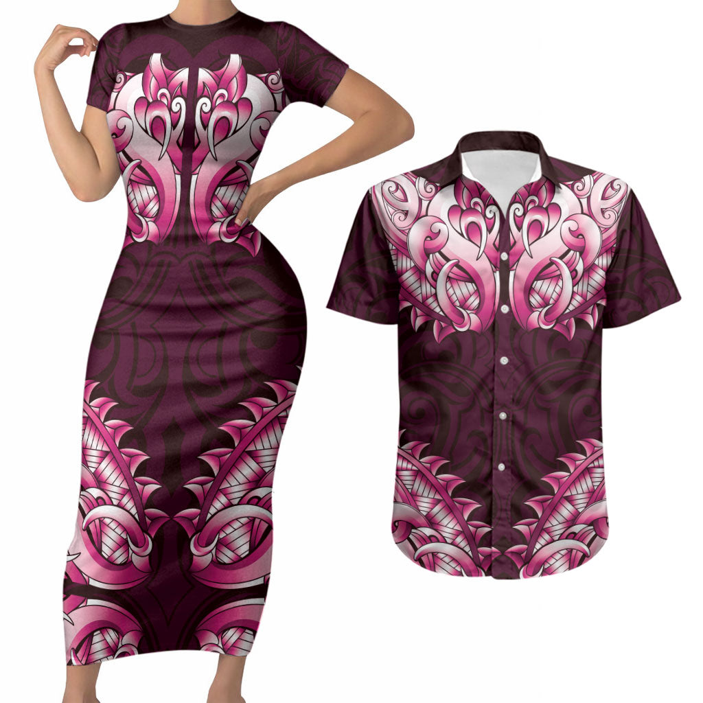 New Zealand Ta Moko Couples Matching Short Sleeve Bodycon Dress and Hawaiian Shirt Aotearoa Maori Chest Tattoo Pink LT14 Pink - Polynesian Pride