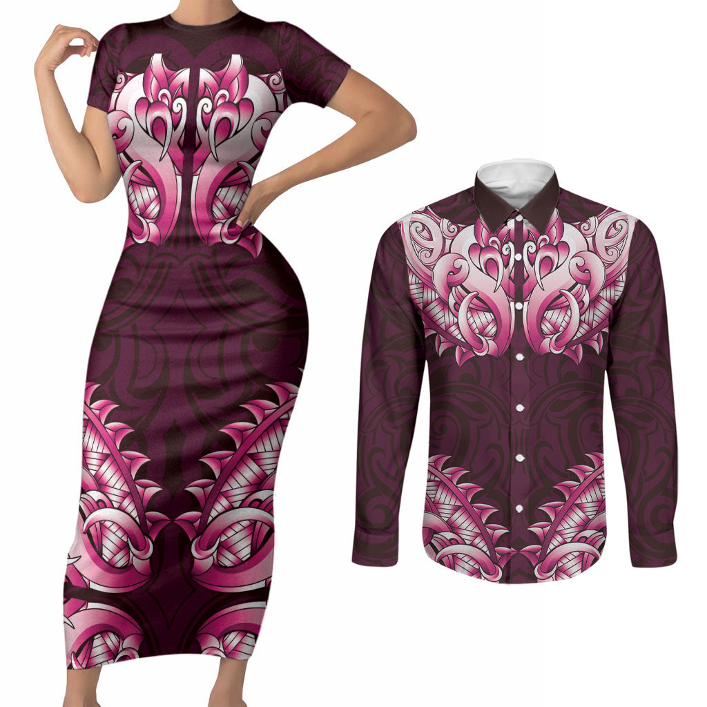New Zealand Ta Moko Couples Matching Short Sleeve Bodycon Dress and Long Sleeve Button Shirt Aotearoa Maori Chest Tattoo Pink
