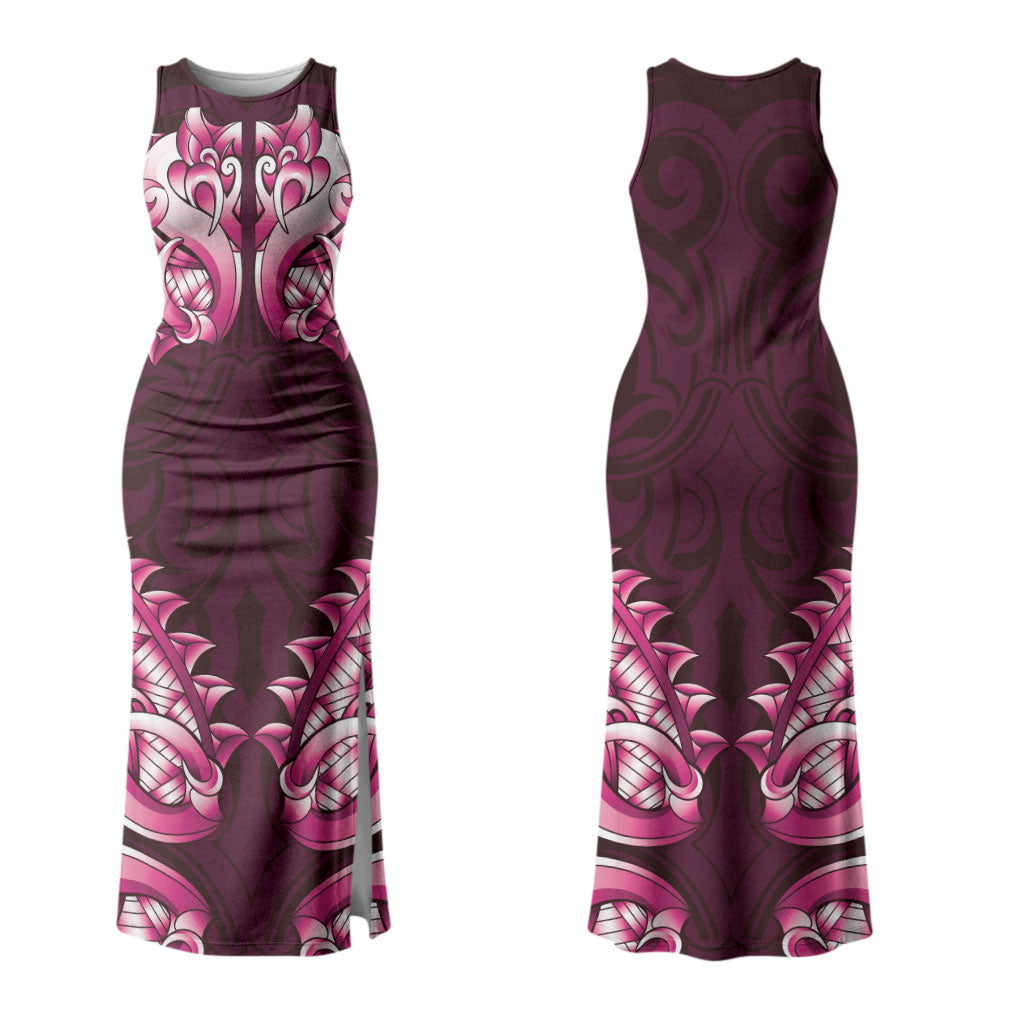 New Zealand Ta Moko Couples Matching Tank Maxi Dress and Hawaiian Shirt Aotearoa Maori Chest Tattoo Pink