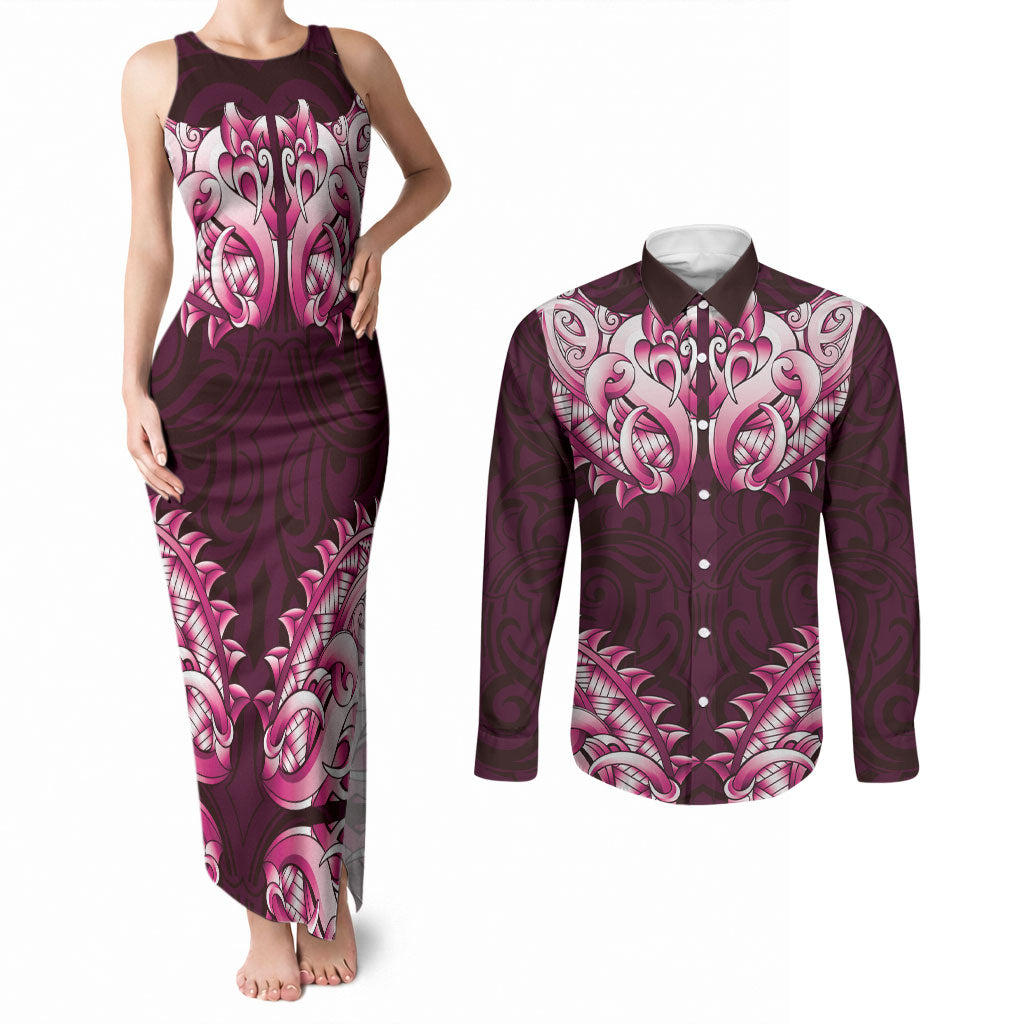 New Zealand Ta Moko Couples Matching Tank Maxi Dress and Long Sleeve Button Shirt Aotearoa Maori Chest Tattoo Pink