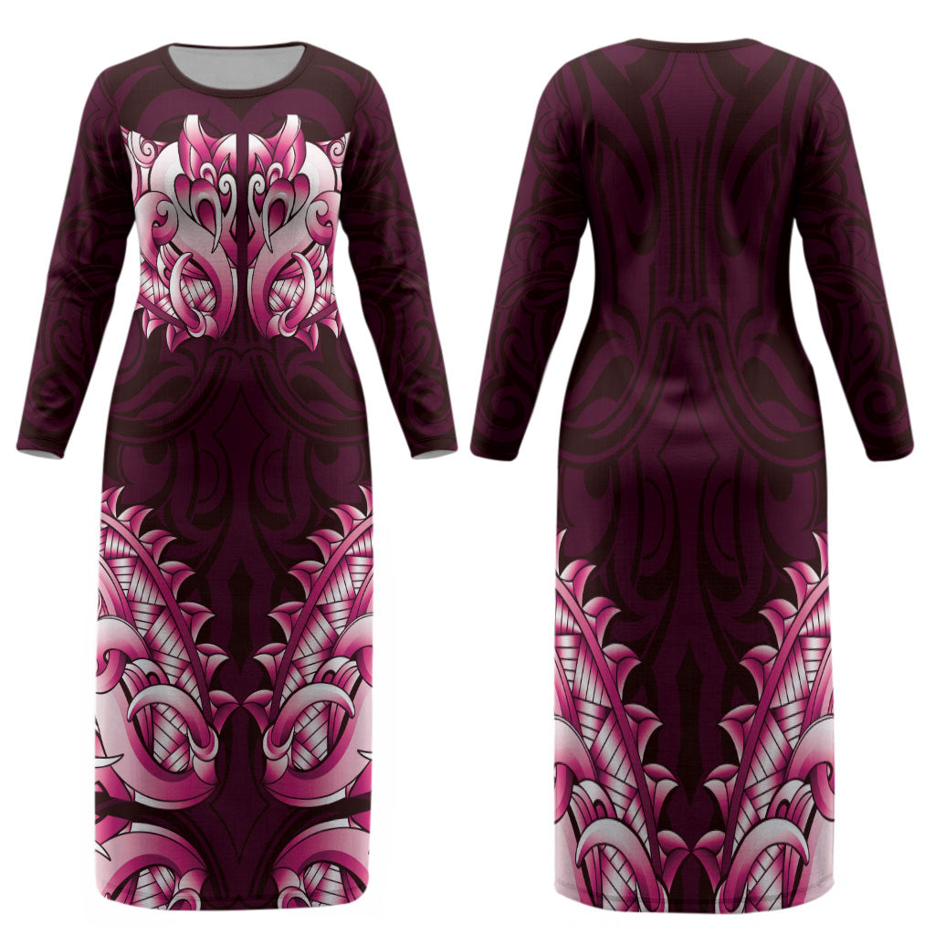 New Zealand Ta Moko Family Matching Long Sleeve Bodycon Dress and Hawaiian Shirt Aotearoa Maori Chest Tattoo Pink