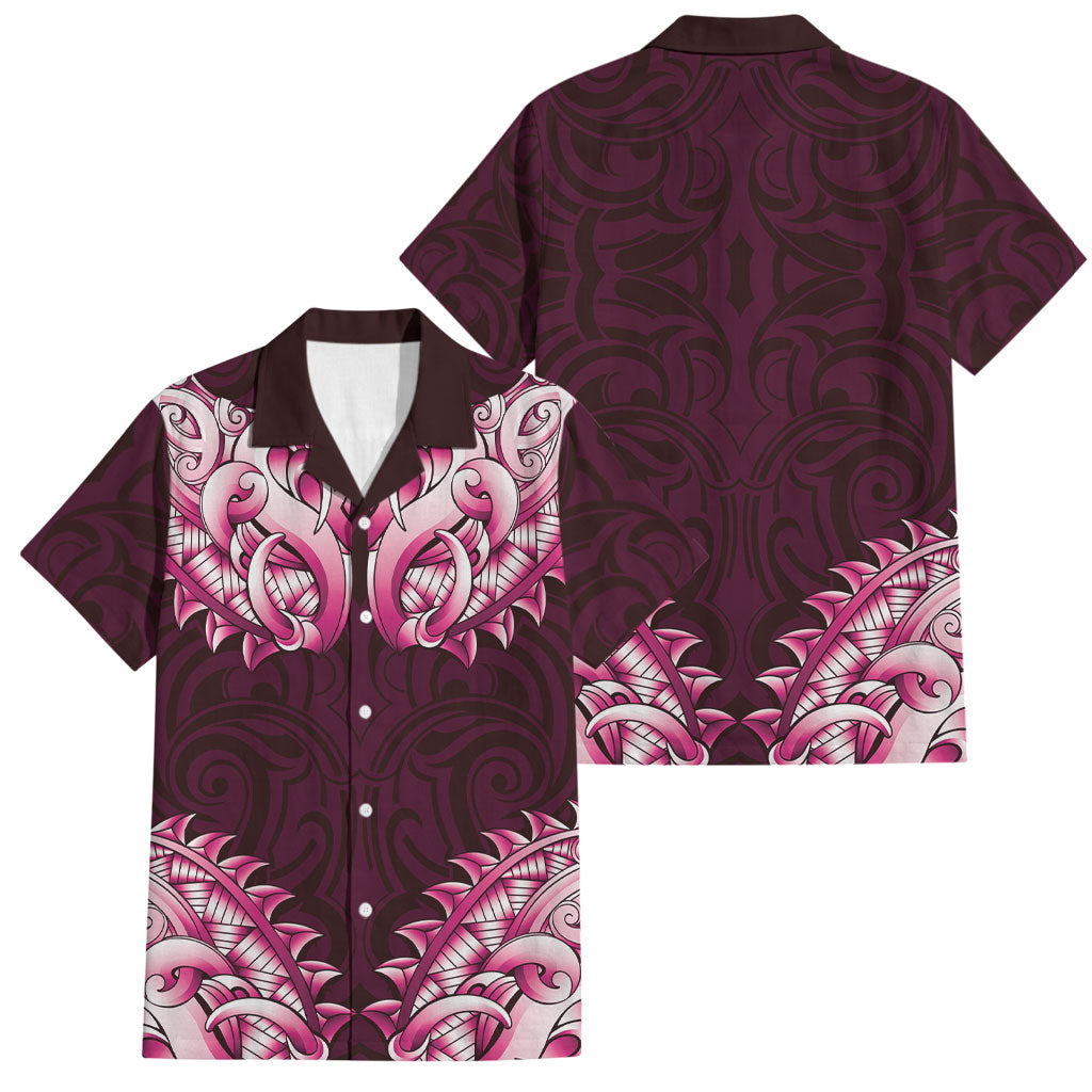 New Zealand Ta Moko Family Matching Off Shoulder Short Dress and Hawaiian Shirt Aotearoa Maori Chest Tattoo Pink
