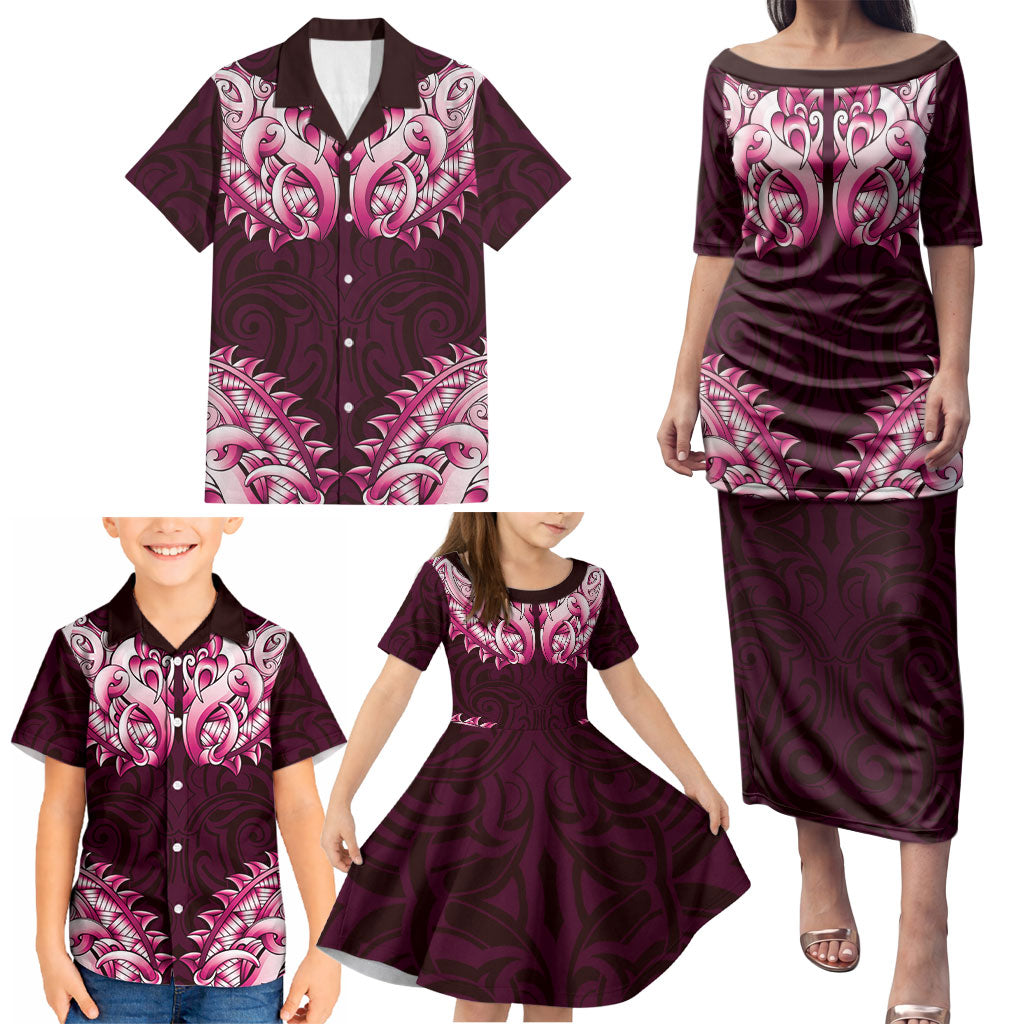 New Zealand Ta Moko Family Matching Puletasi and Hawaiian Shirt Aotearoa Maori Chest Tattoo Pink LT14 - Polynesian Pride