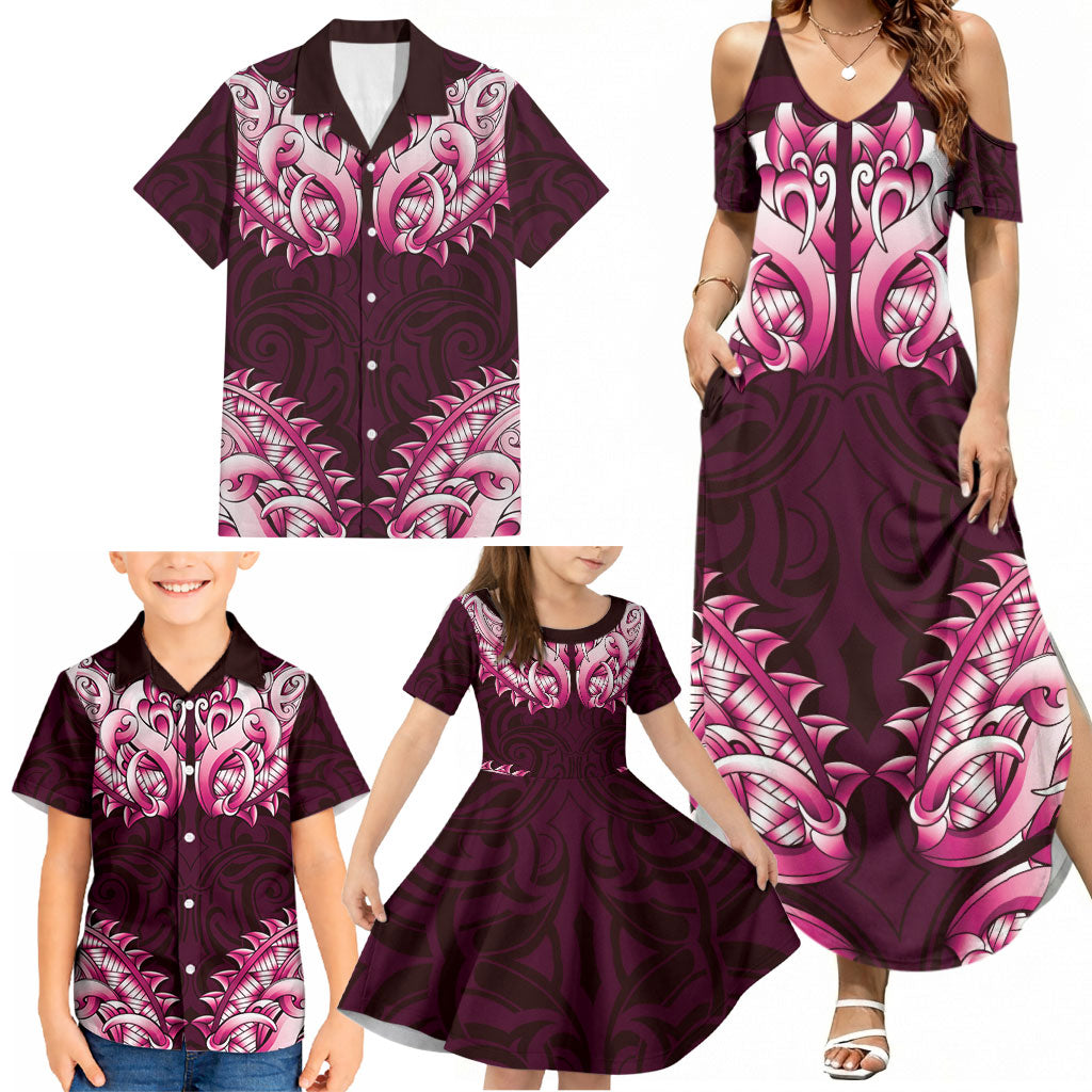 New Zealand Ta Moko Family Matching Summer Maxi Dress and Hawaiian Shirt Aotearoa Maori Chest Tattoo Pink