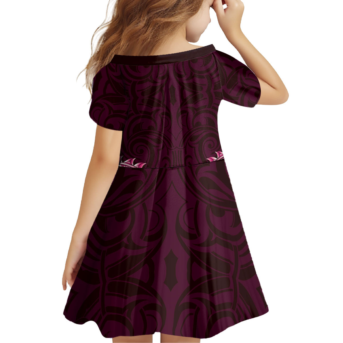 New Zealand Ta Moko Kid Short Sleeve Dress Aotearoa Maori Chest Tattoo Pink