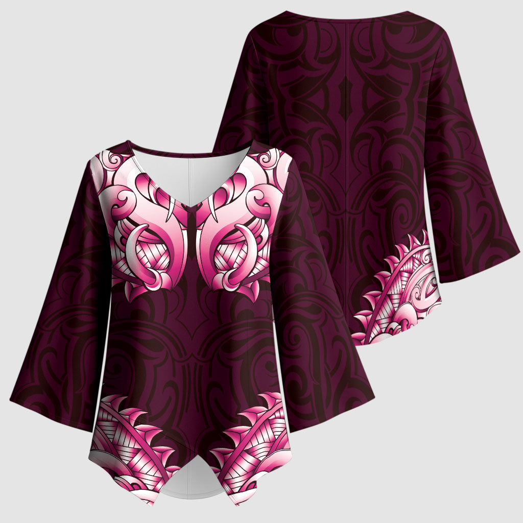 New Zealand Ta Moko Kimono Sleeve Blouse Aotearoa Maori Chest Tattoo Pink