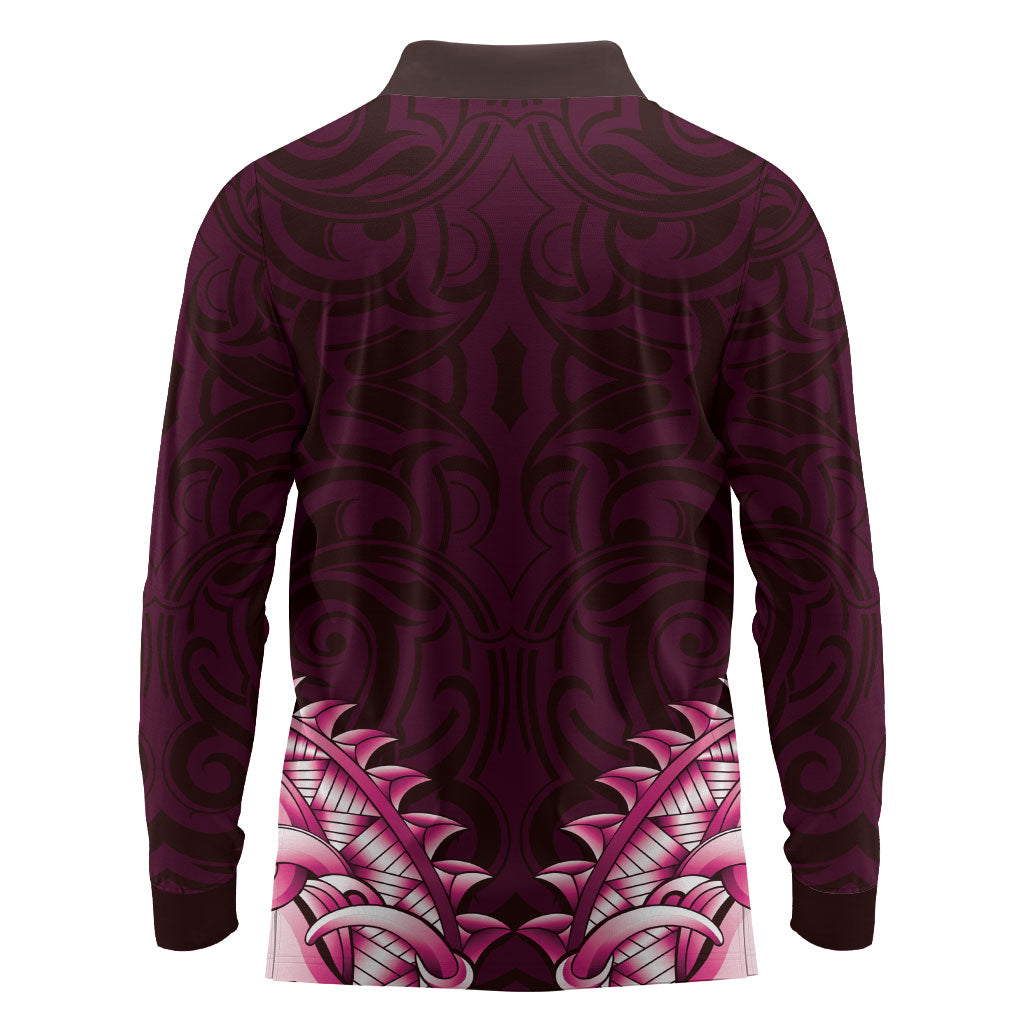 New Zealand Ta Moko Long Sleeve Polo Shirt Aotearoa Maori Chest Tattoo Pink