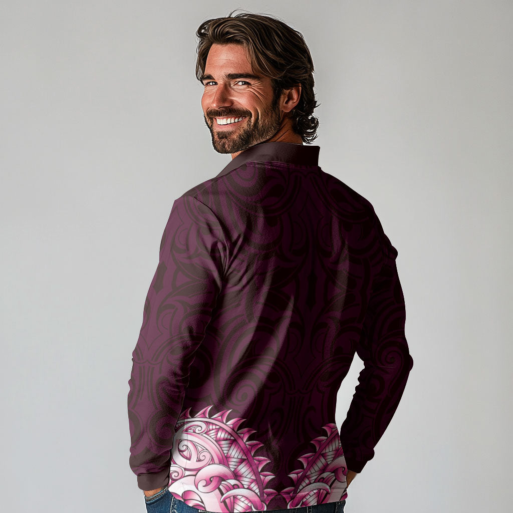 New Zealand Ta Moko Long Sleeve Polo Shirt Aotearoa Maori Chest Tattoo Pink