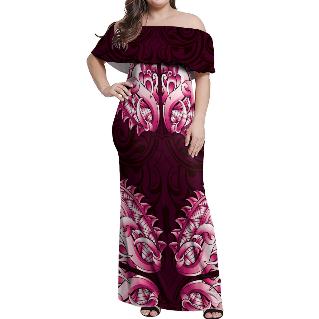 New Zealand Ta Moko Off Shoulder Maxi Dress Aotearoa Maori Chest Tattoo Pink