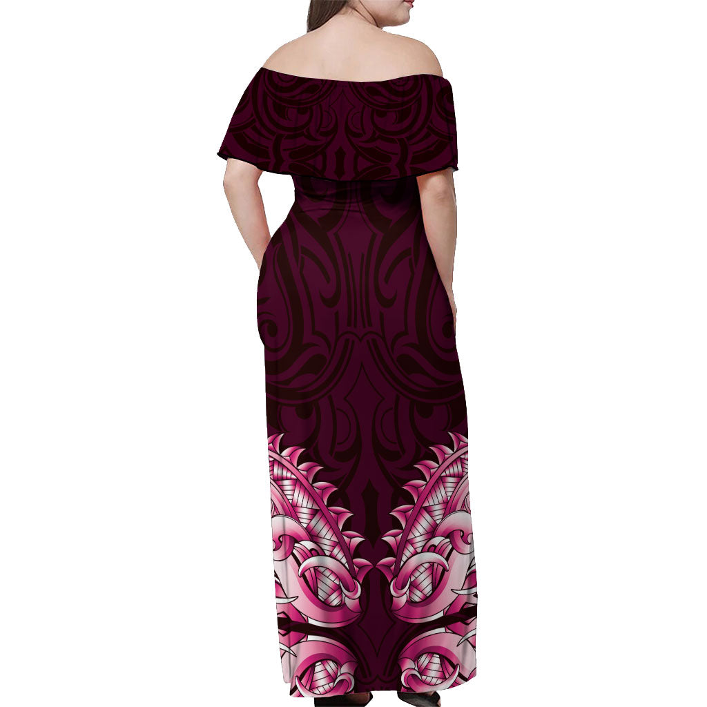 New Zealand Ta Moko Off Shoulder Maxi Dress Aotearoa Maori Chest Tattoo Pink