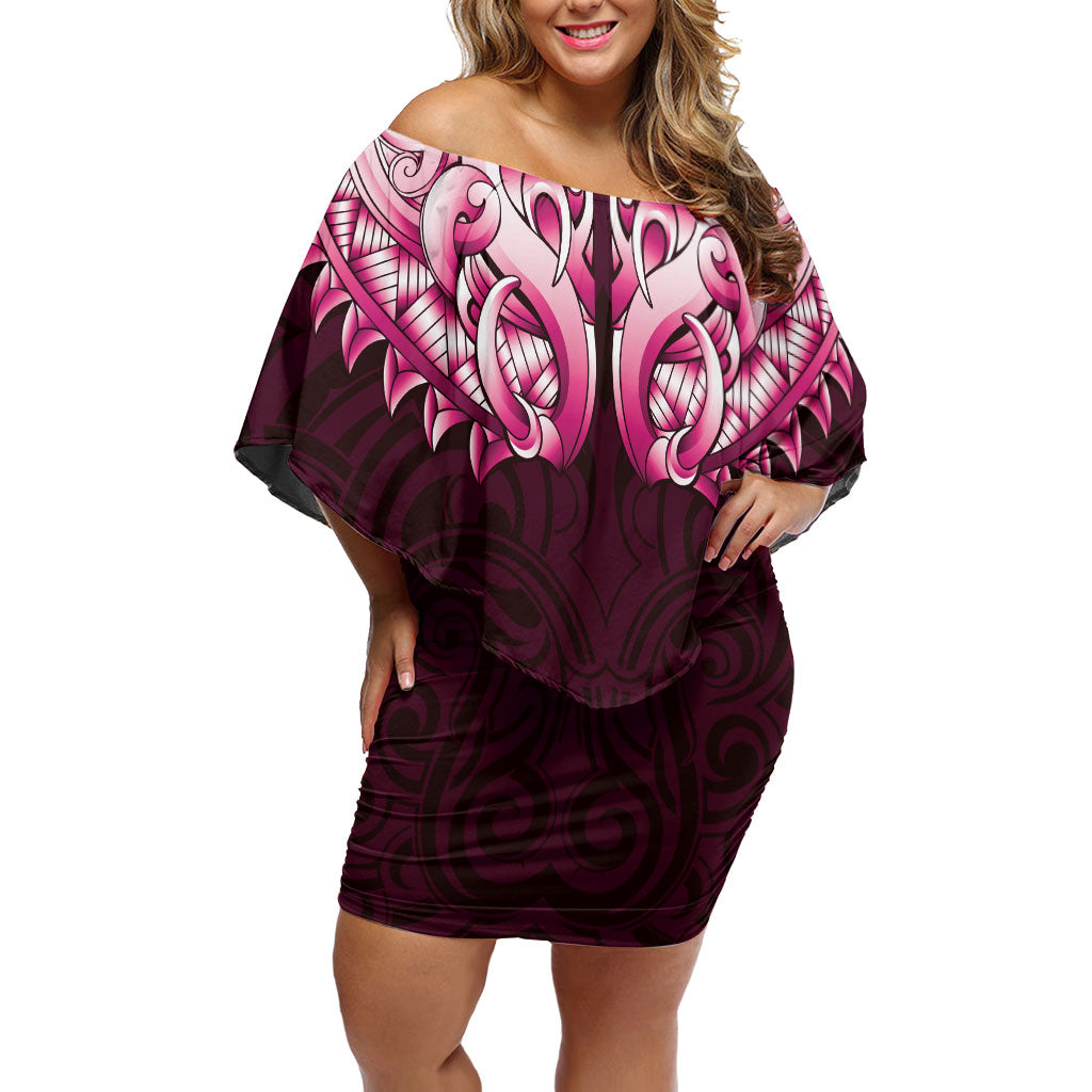New Zealand Ta Moko Off Shoulder Short Dress Aotearoa Maori Chest Tattoo Pink