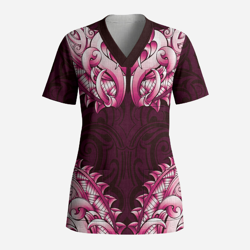 New Zealand Ta Moko Scrub Top Aotearoa Maori Chest Tattoo Pink