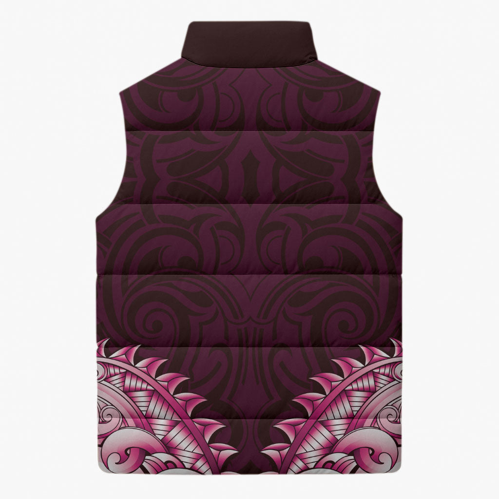 New Zealand Ta Moko Sleeveless Puffer Jacket Aotearoa Maori Chest Tattoo Pink