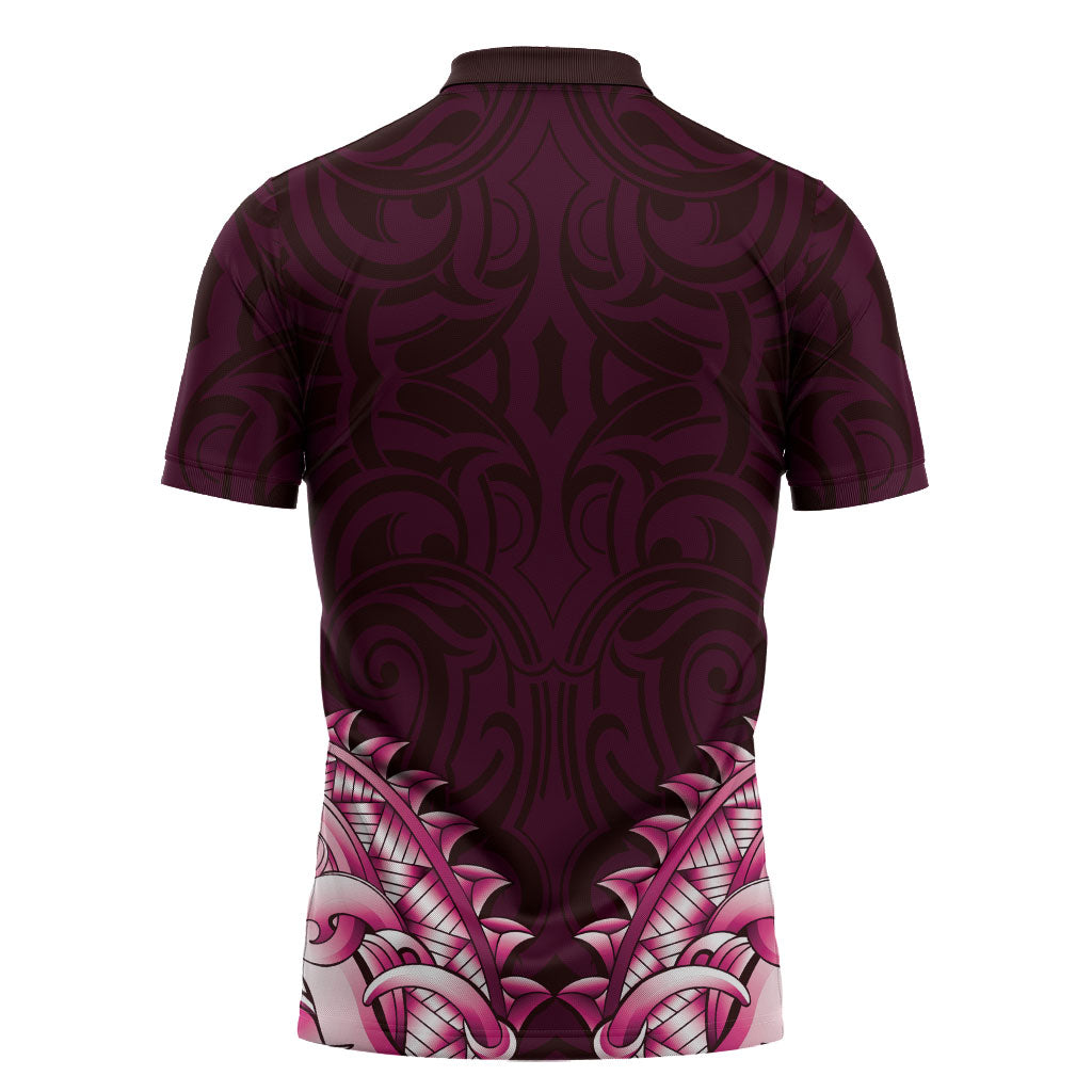 New Zealand Ta Moko Zipper Polo Shirt Aotearoa Maori Chest Tattoo Pink