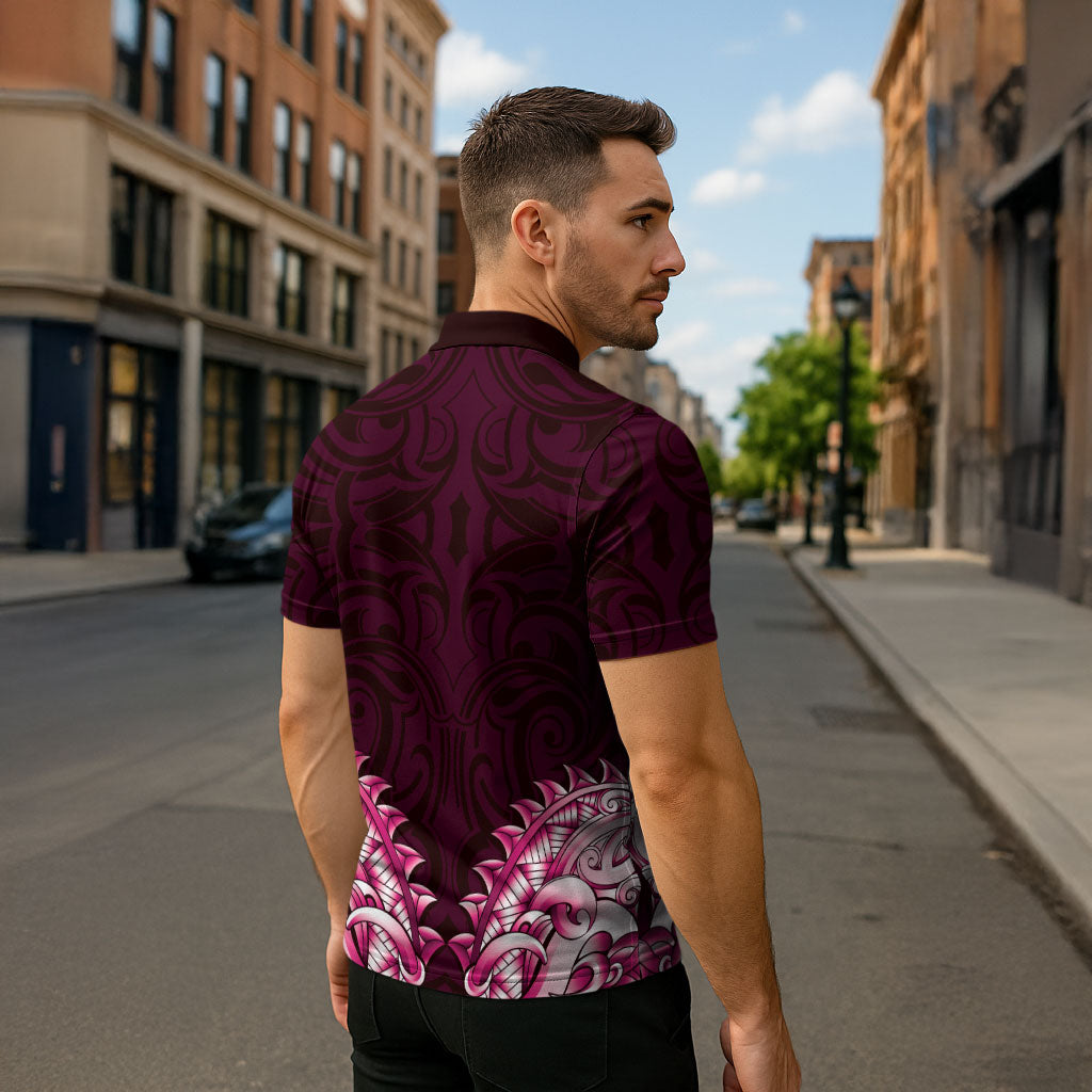New Zealand Ta Moko Zipper Polo Shirt Aotearoa Maori Chest Tattoo Pink