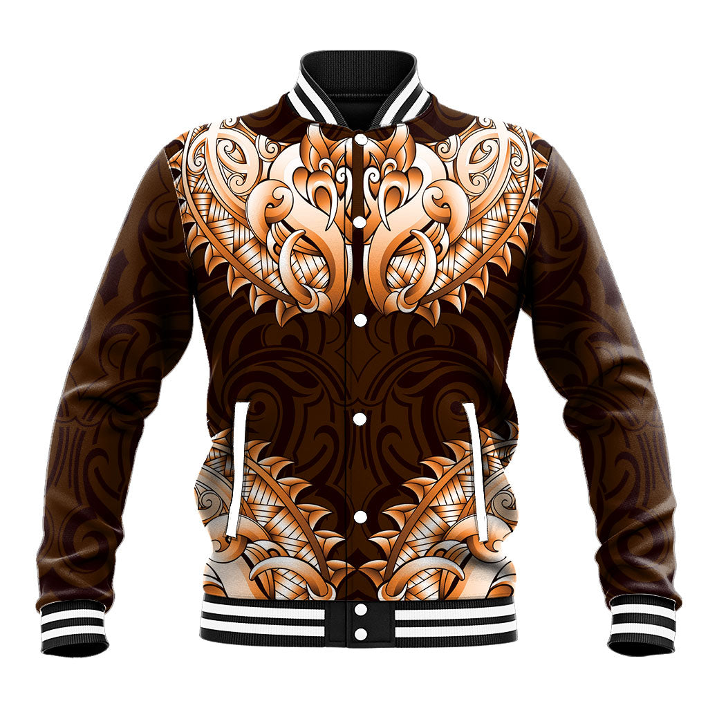 New Zealand Ta Moko Baseball Jacket Aotearoa Maori Chest Tattoo Orange