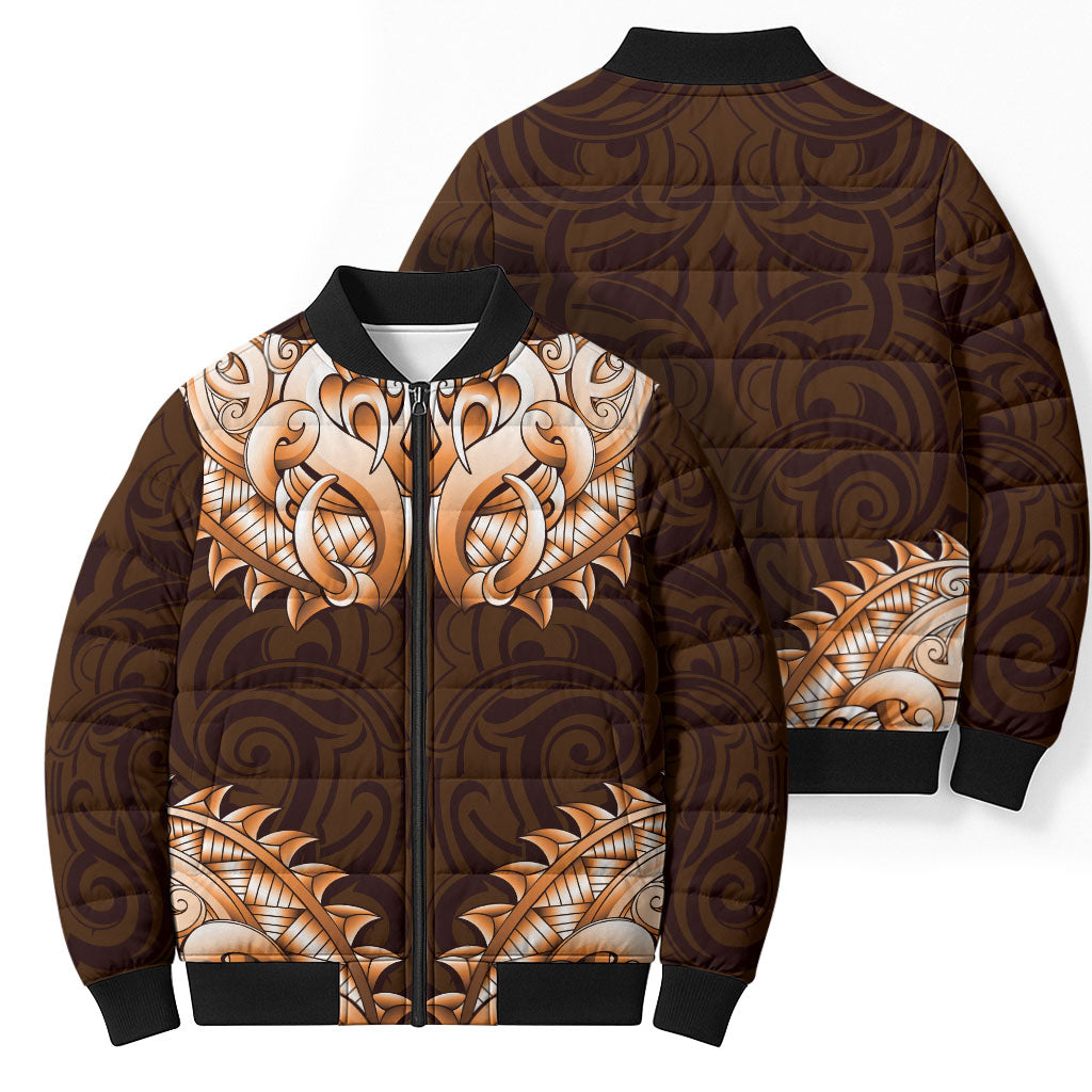 New Zealand Ta Moko Bomber Puffer Jacket Aotearoa Maori Chest Tattoo Orange