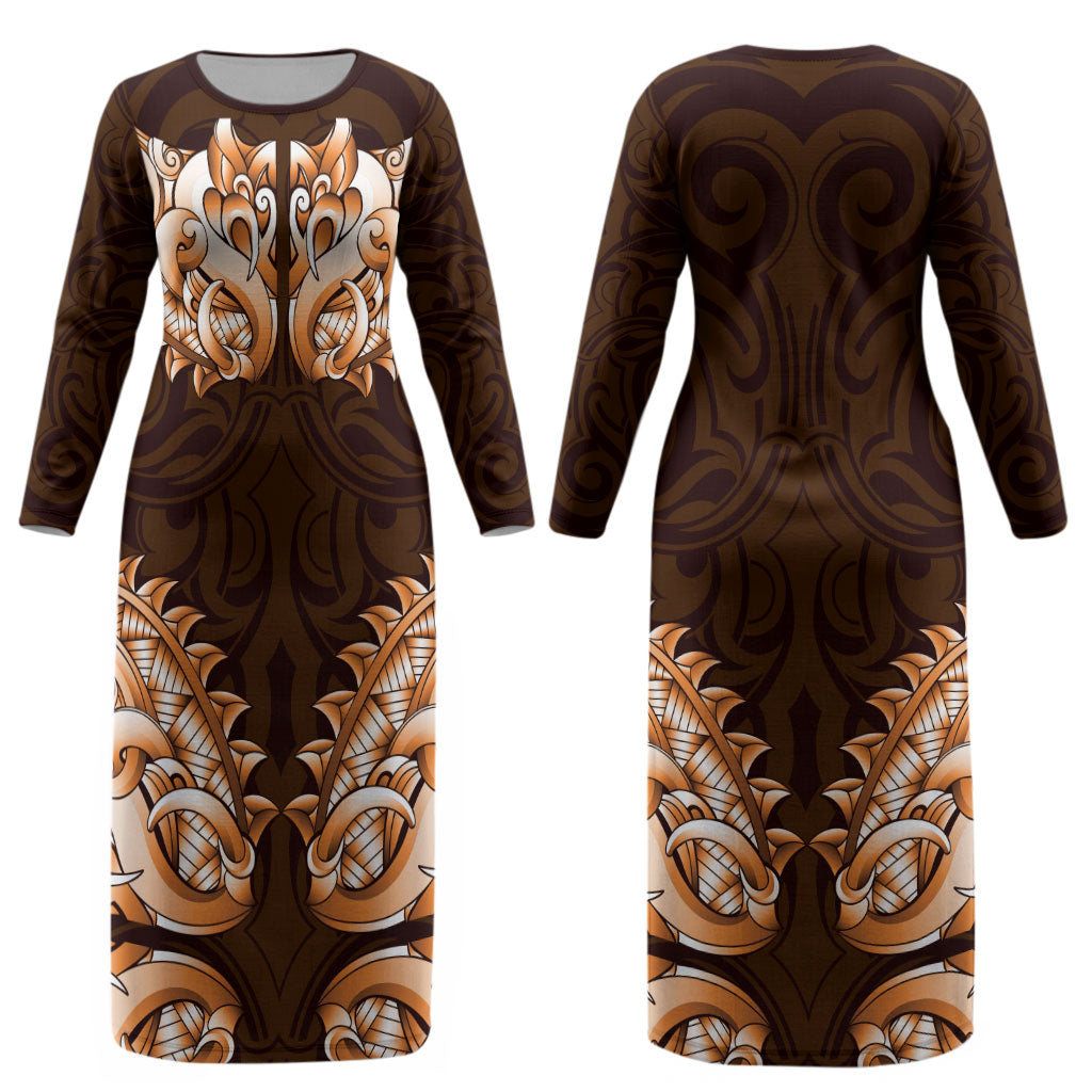 New Zealand Ta Moko Couples Matching Long Sleeve Bodycon Dress and Long Sleeve Button Shirt Aotearoa Maori Chest Tattoo Orange