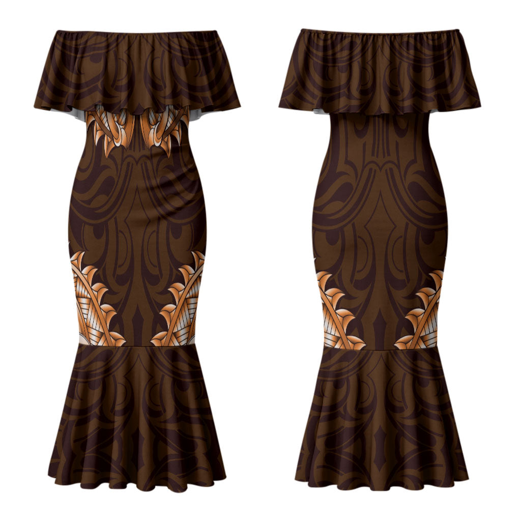 New Zealand Ta Moko Couples Matching Mermaid Dress and Long Sleeve Button Shirt Aotearoa Maori Chest Tattoo Orange