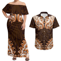 New Zealand Ta Moko Couples Matching Off Shoulder Maxi Dress and Hawaiian Shirt Aotearoa Maori Chest Tattoo Orange