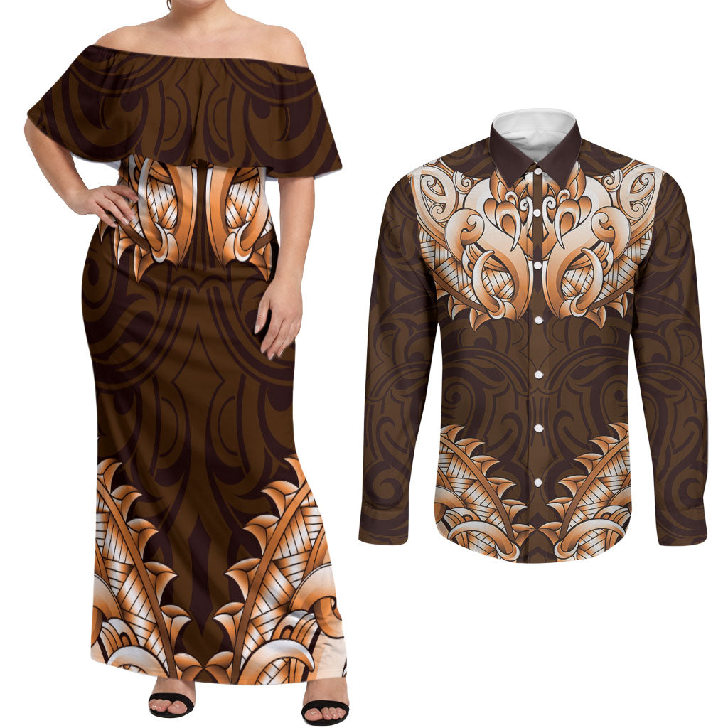 New Zealand Ta Moko Couples Matching Off Shoulder Maxi Dress and Long Sleeve Button Shirt Aotearoa Maori Chest Tattoo Orange