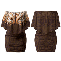 New Zealand Ta Moko Couples Matching Off Shoulder Short Dress and Hawaiian Shirt Aotearoa Maori Chest Tattoo Orange