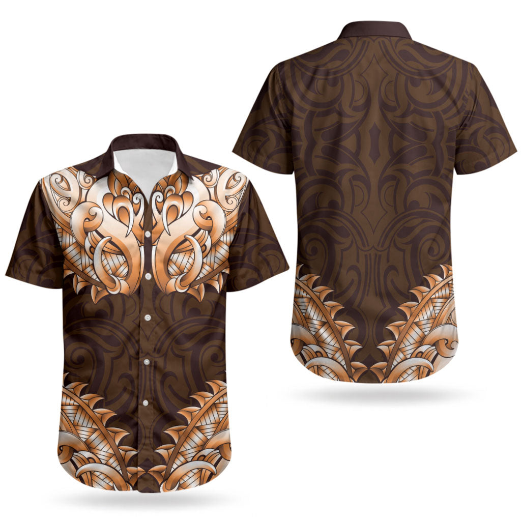 New Zealand Ta Moko Couples Matching Off The Shoulder Long Sleeve Dress and Hawaiian Shirt Aotearoa Maori Chest Tattoo Orange