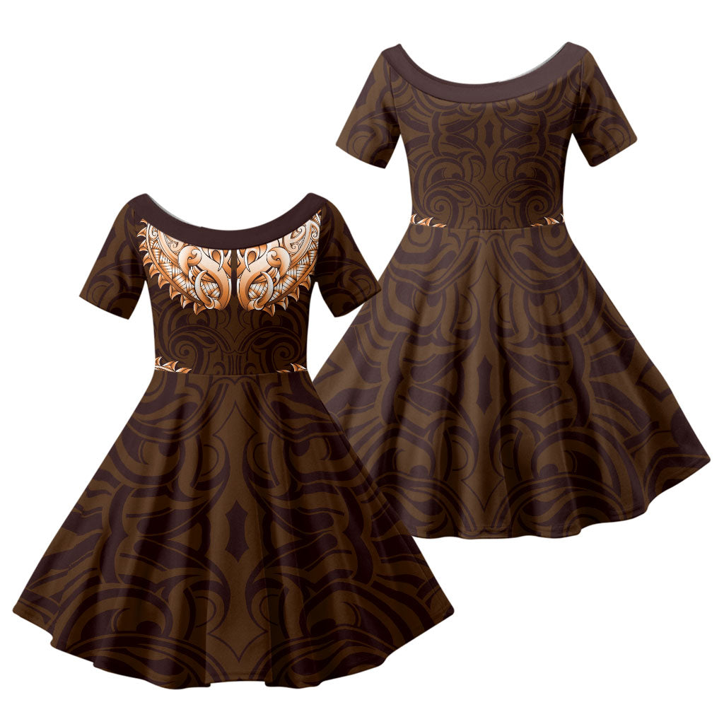 New Zealand Ta Moko Family Matching Off Shoulder Maxi Dress and Hawaiian Shirt Aotearoa Maori Chest Tattoo Orange