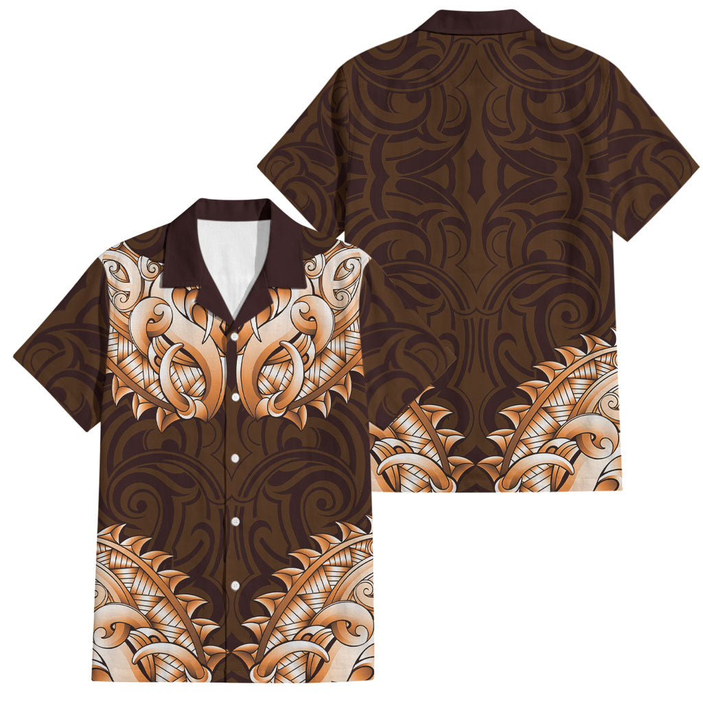 New Zealand Ta Moko Family Matching Short Sleeve Bodycon Dress and Hawaiian Shirt Aotearoa Maori Chest Tattoo Orange
