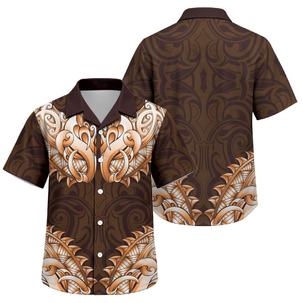 New Zealand Ta Moko Family Matching Short Sleeve Bodycon Dress and Hawaiian Shirt Aotearoa Maori Chest Tattoo Orange