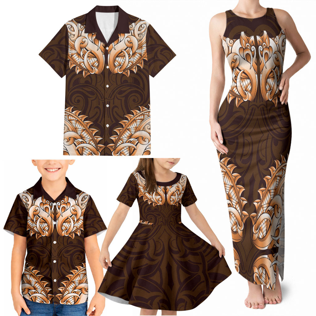 New Zealand Ta Moko Family Matching Tank Maxi Dress and Hawaiian Shirt Aotearoa Maori Chest Tattoo Orange