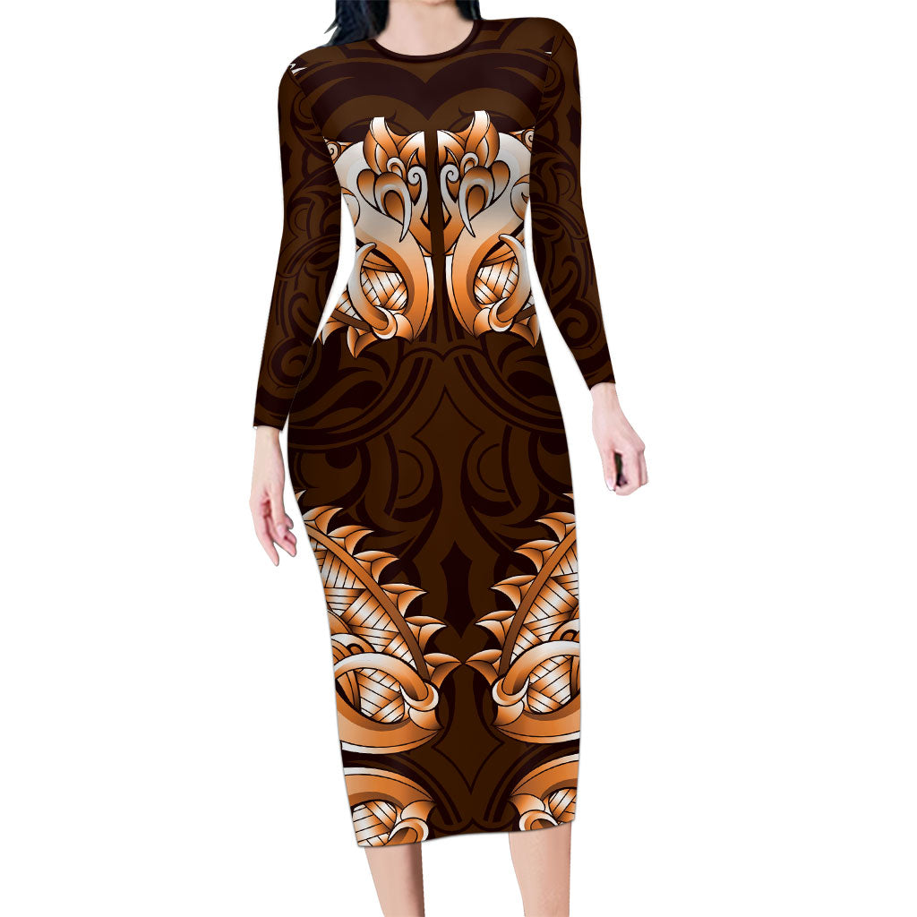 New Zealand Ta Moko Long Sleeve Bodycon Dress Aotearoa Maori Chest Tattoo Orange