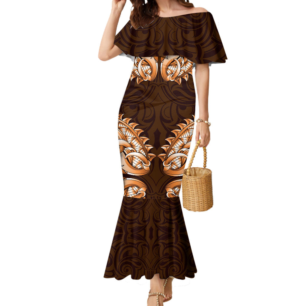 New Zealand Ta Moko Mermaid Dress Aotearoa Maori Chest Tattoo Orange