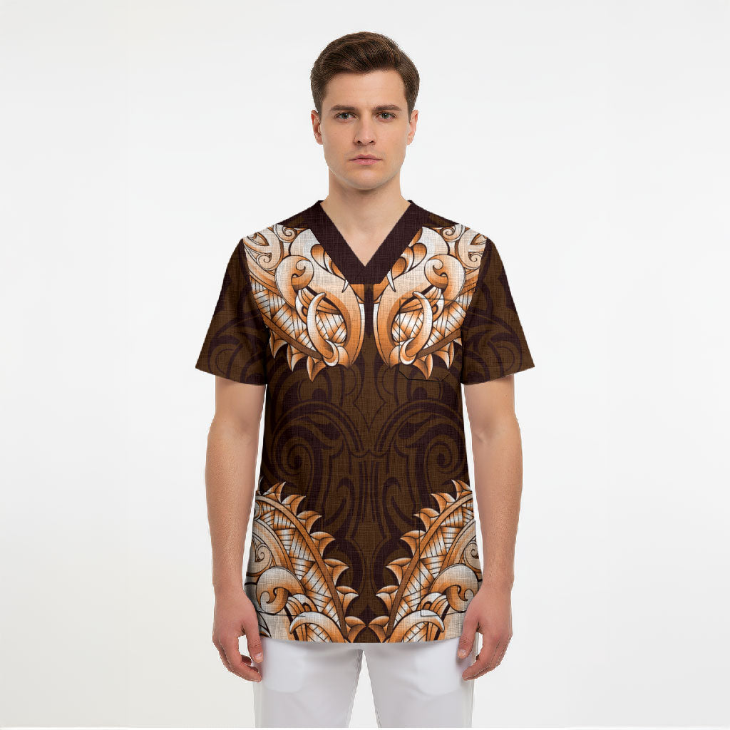 New Zealand Ta Moko Scrub Top Aotearoa Maori Chest Tattoo Orange