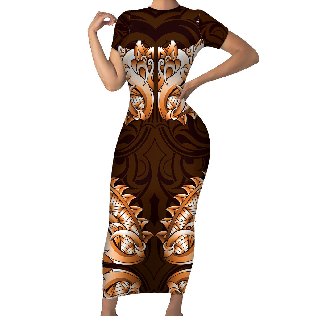 New Zealand Ta Moko Short Sleeve Bodycon Dress Aotearoa Maori Chest Tattoo Orange