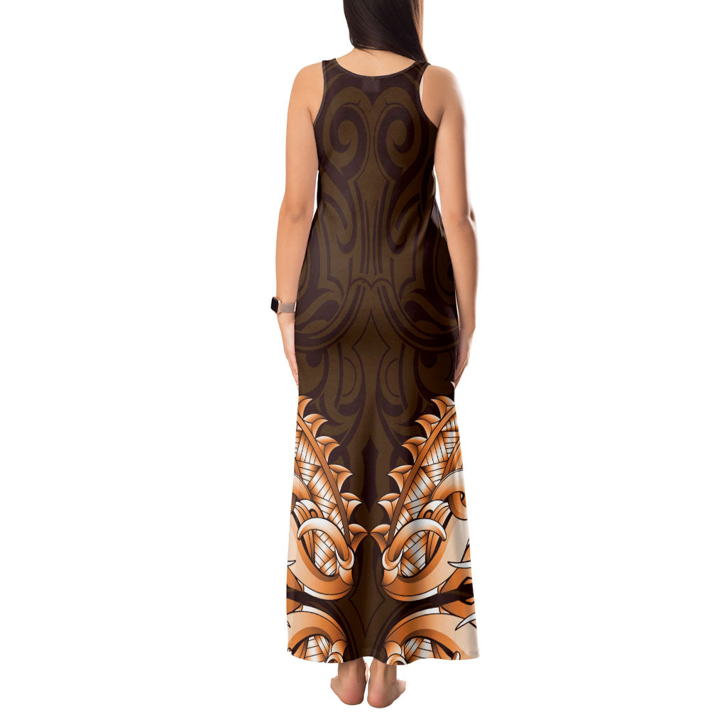 New Zealand Ta Moko Tank Maxi Dress Aotearoa Maori Chest Tattoo Orange