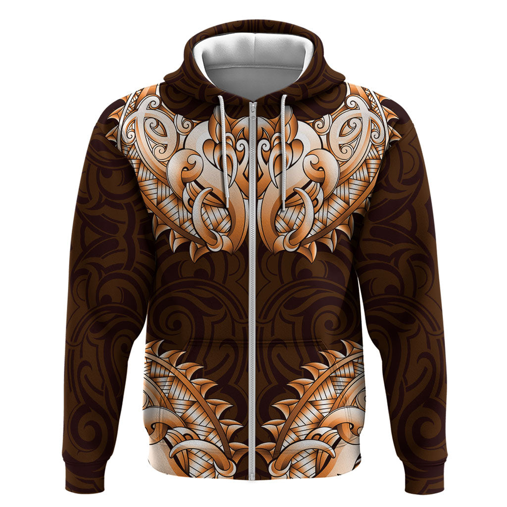 New Zealand Ta Moko Zip Hoodie Aotearoa Maori Chest Tattoo Orange