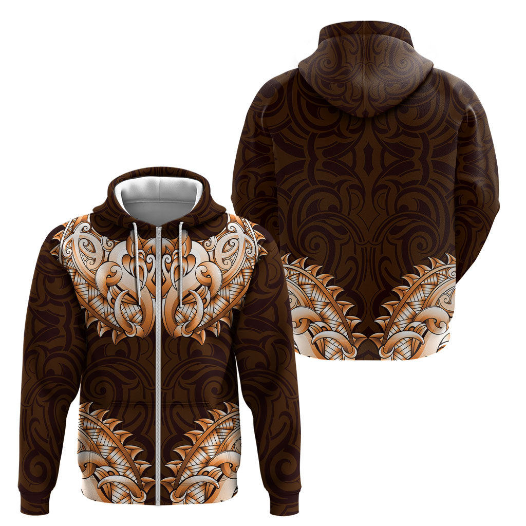 New Zealand Ta Moko Zip Hoodie Aotearoa Maori Chest Tattoo Orange