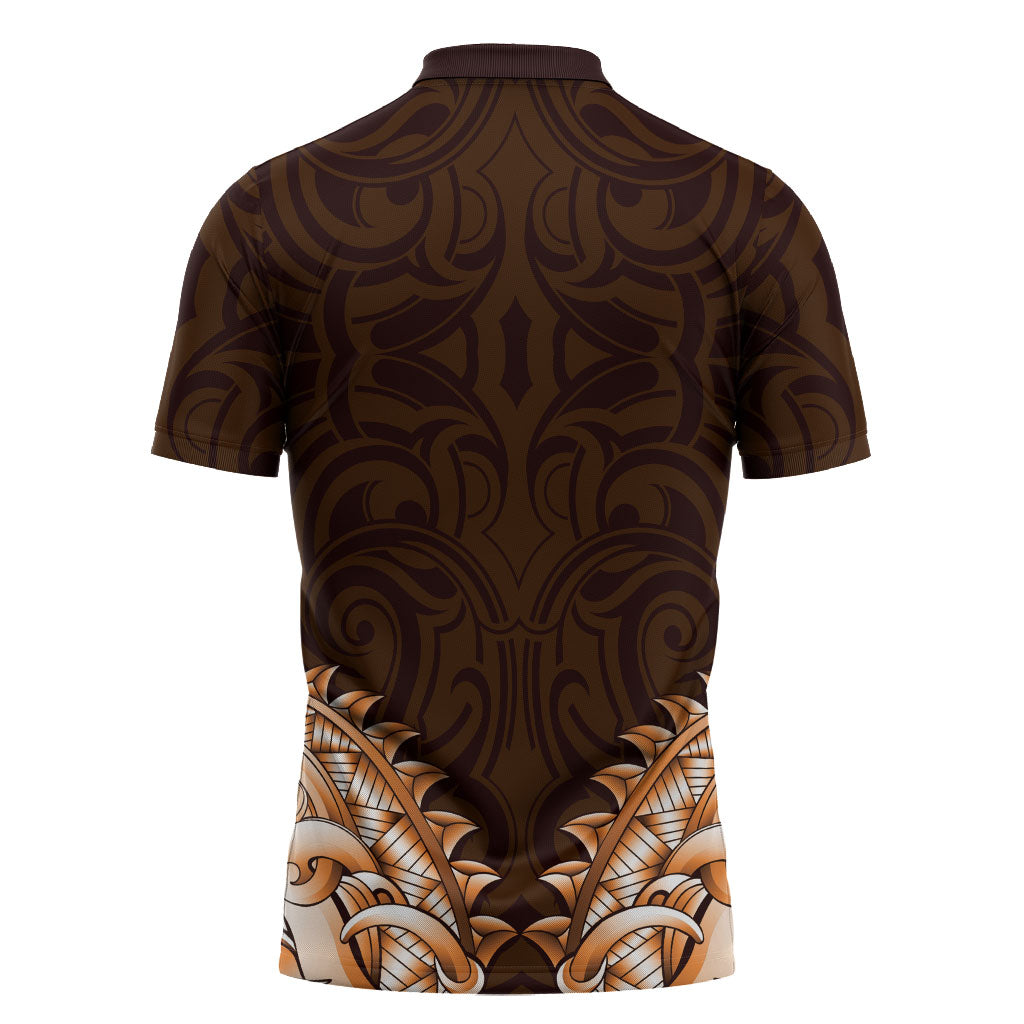 New Zealand Ta Moko Zipper Polo Shirt Aotearoa Maori Chest Tattoo Orange