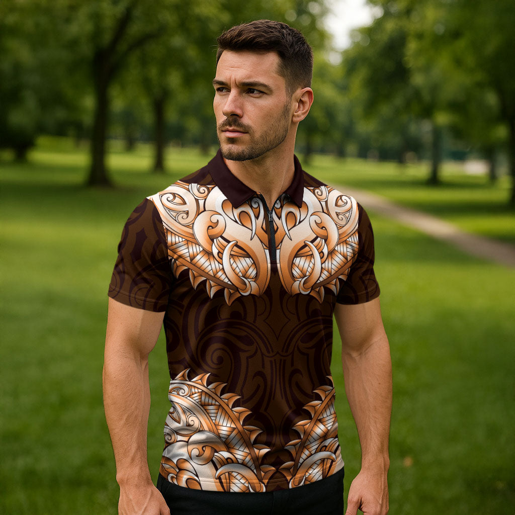 New Zealand Ta Moko Zipper Polo Shirt Aotearoa Maori Chest Tattoo Orange
