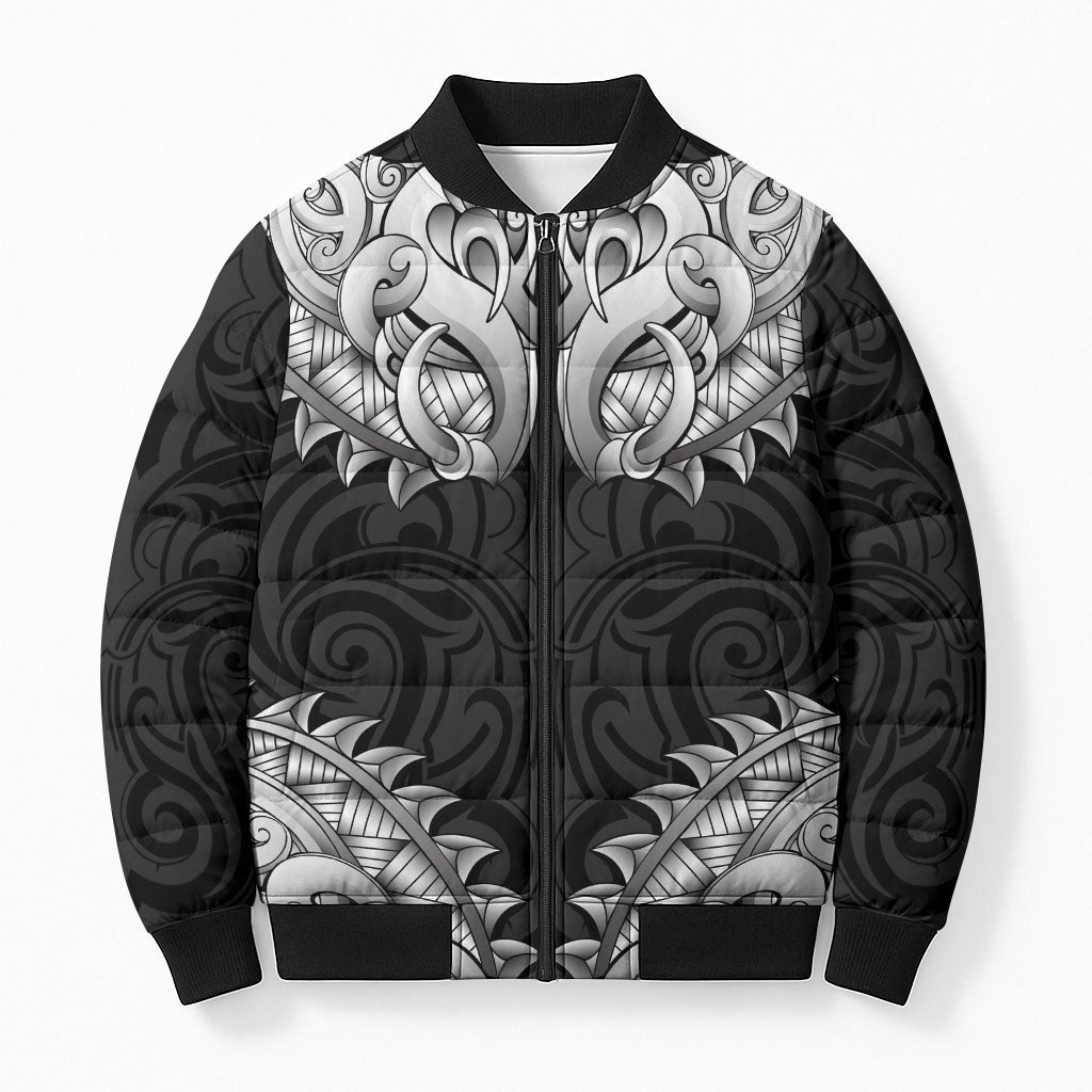 New Zealand Ta Moko Bomber Puffer Jacket Aotearoa Maori Chest Tattoo Black