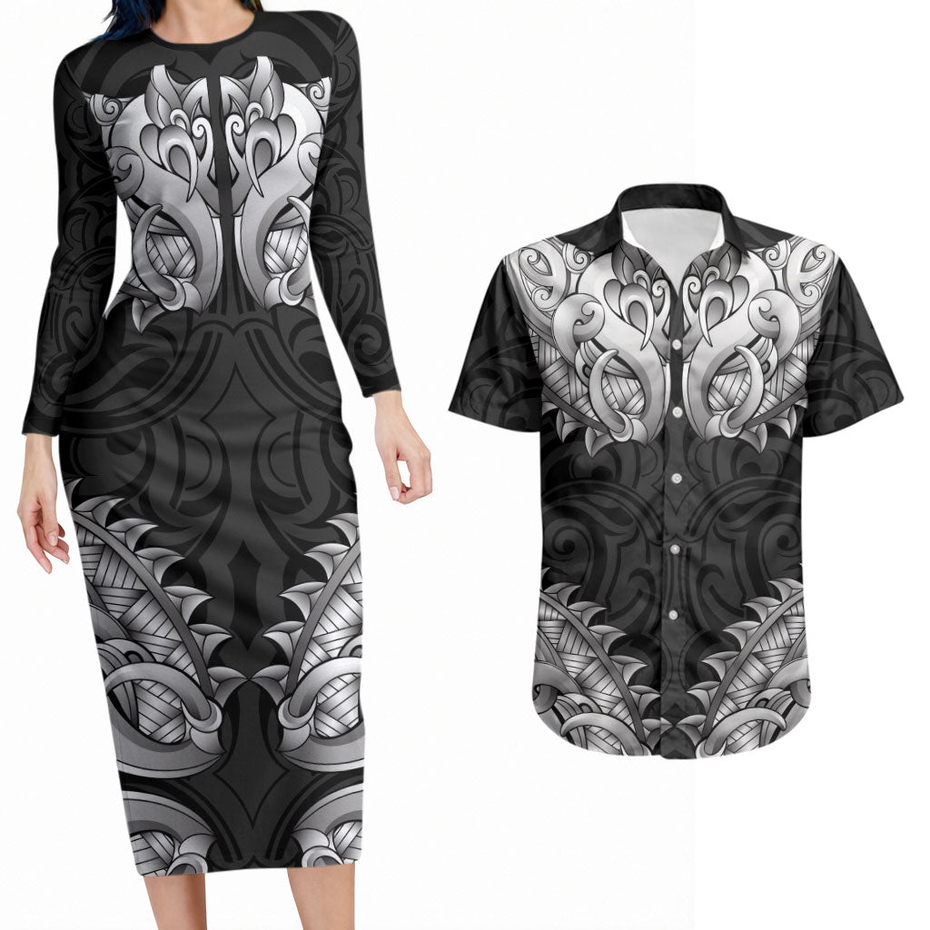 New Zealand Ta Moko Couples Matching Long Sleeve Bodycon Dress and Hawaiian Shirt Aotearoa Maori Chest Tattoo Black