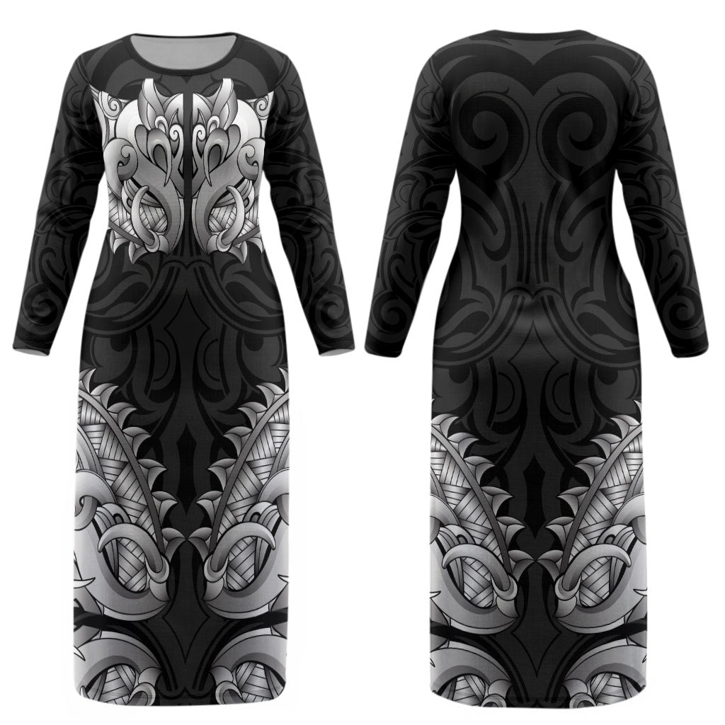 New Zealand Ta Moko Couples Matching Long Sleeve Bodycon Dress and Long Sleeve Button Shirt Aotearoa Maori Chest Tattoo Black