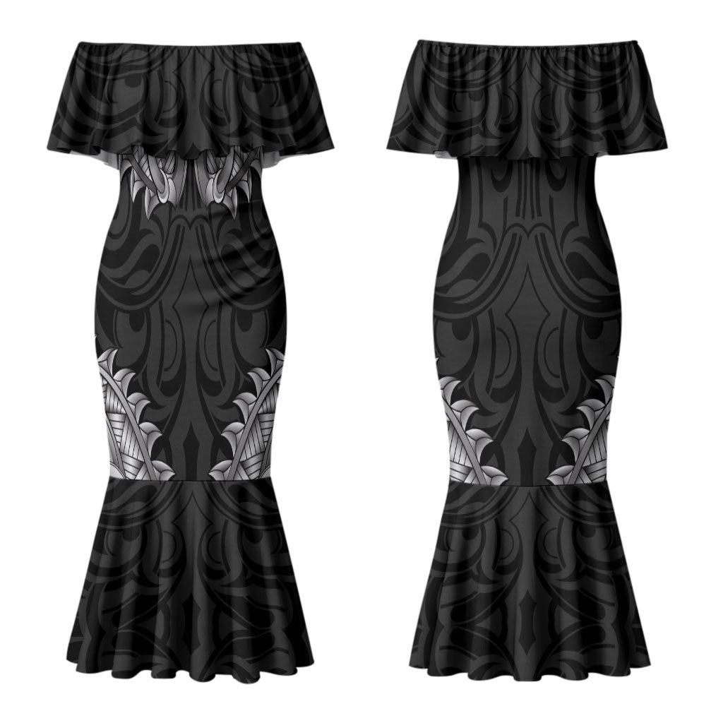New Zealand Ta Moko Couples Matching Mermaid Dress and Hawaiian Shirt Aotearoa Maori Chest Tattoo Black