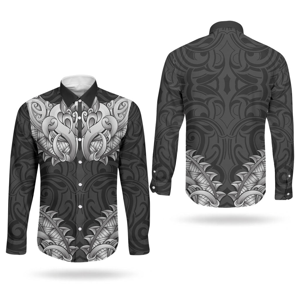 New Zealand Ta Moko Couples Matching Mermaid Dress and Long Sleeve Button Shirt Aotearoa Maori Chest Tattoo Black