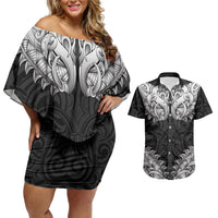 New Zealand Ta Moko Couples Matching Off Shoulder Short Dress and Hawaiian Shirt Aotearoa Maori Chest Tattoo Black